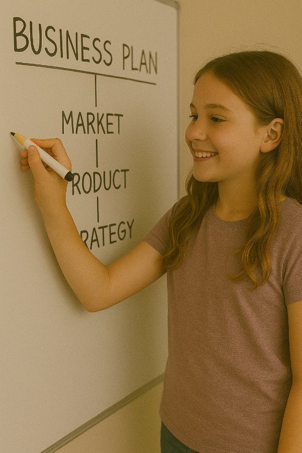 Girl drawing a business plan on a white board