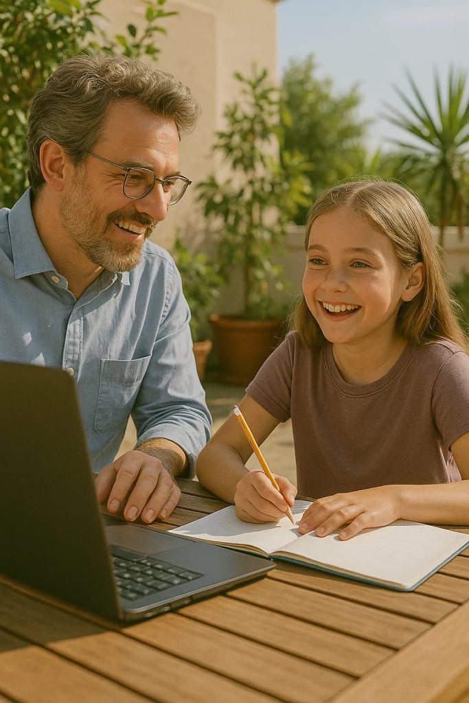 Teacher and student in an outdoor classroom.