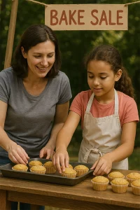 A mother and her daughter stand at an outdoor bake sale, smiling as they arrange freshly baked cupcakes on a wooden table under a “BAKE SALE” sign.