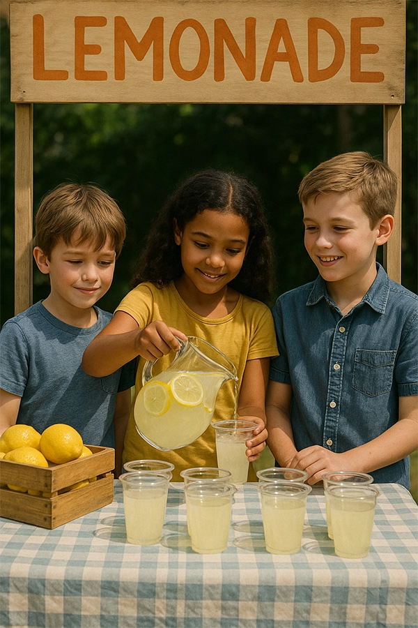 Three children run a lemonade stand outdoors: one girl pours lemonade from a jug into a cup while two boys smile beside her, with cups lined up on the table.