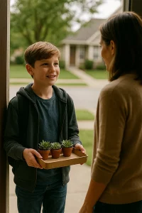 A 10-year-old boy stands at a doorstep, smiling as he holds a tray with small potted succulents, while a woman greets him at the door.