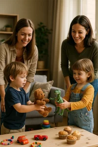 Two five-year-old children swap toys — a teddy bear and a dinosaur — while their smiling mothers watch nearby in a cosy living room.