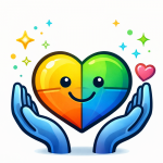 Colorful heart divided into green, yellow, orange, and blue sections, smiling and cradled by blue hands, with small sparkles on a white background.