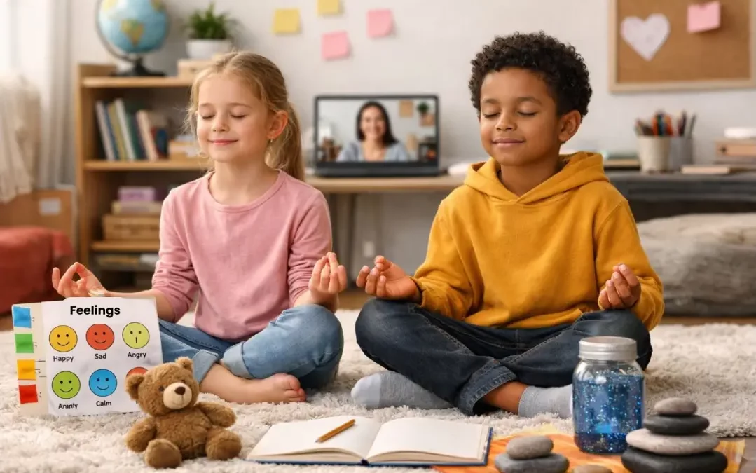 Two children sit cross-legged on a rug in a cozy living room, eyes closed and hands forming a meditation gesture. A laptop behind them shows a virtual teacher. Around them are mindfulness tools including a feelings chart, a glitter jar, stacked stones, a teddy bear, and an open notebook.