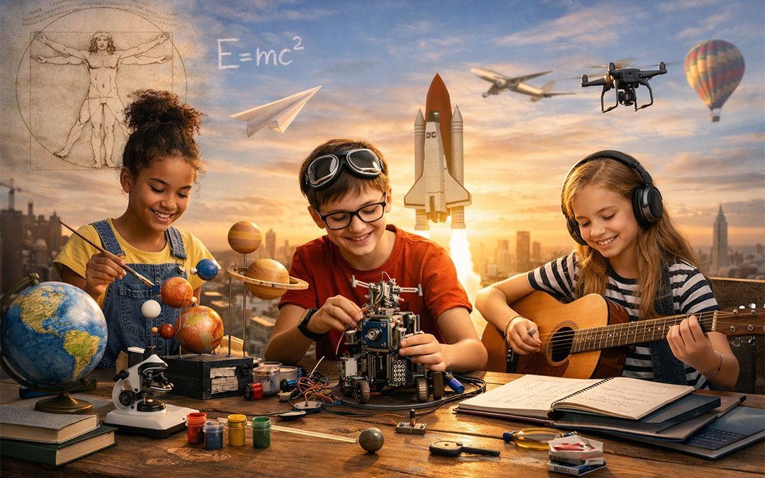 Children exploring multiple interests on a rooftop at sunset—one painting planets, one building a robot, and one playing guitar—symbolising creativity, curiosity, and multipotentialite learning.