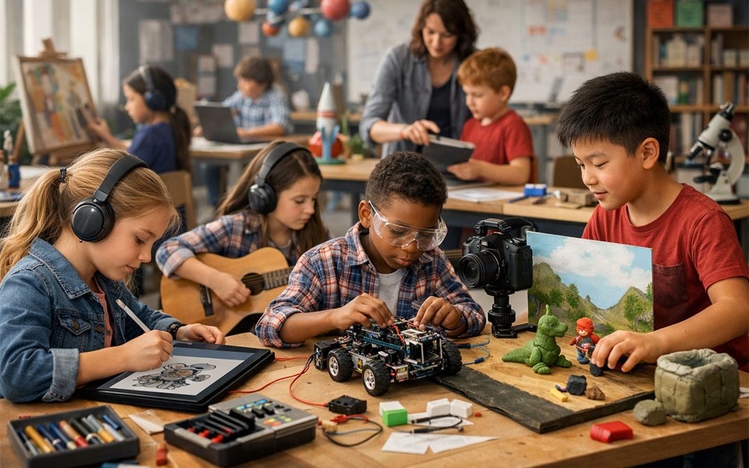 Primary school children working on creative projects—drawing on a tablet, building a robot, playing guitar, and creating stop-motion figures—while a teacher guides them in a collaborative classroom.