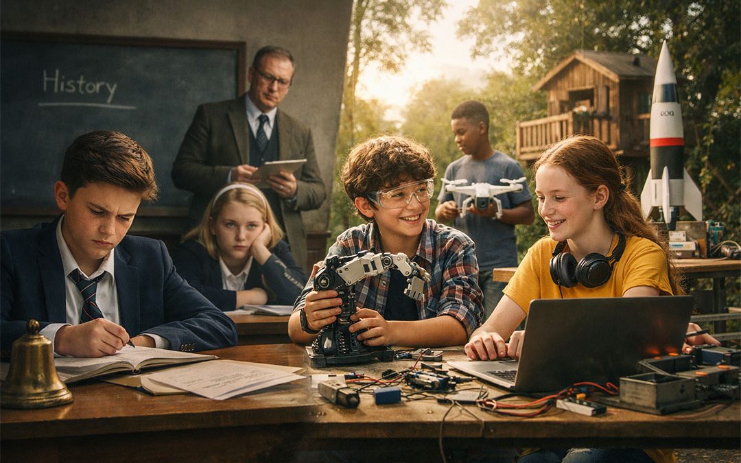 Split scene showing disengaged students in a traditional classroom contrasted with children happily building robots outdoors in a bright, modern learning environment